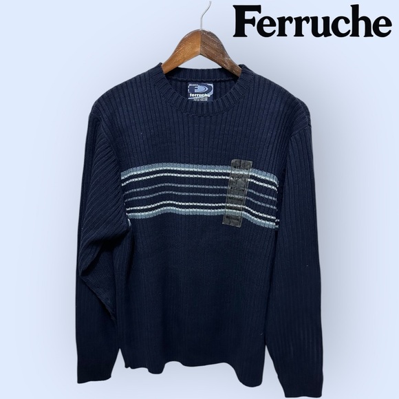 094 Ferruche | $40 NWT Men Navy Striped Ribbed Sweater (Size M) - Picture 2 of 9